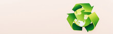 Top View Of Green Recycling Symbol With Planet Isolated On Beige, Panoramic Shot