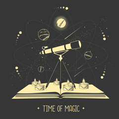 Wall Mural - Modern magic witchcraft open book with telescope and outer space and planets. Vector illustration