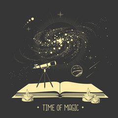 Wall Mural - Modern magic witchcraft open book with telescope and outer space and planets. Vector illustration
