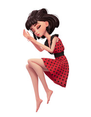 Wall Mural - Romantic brunette young asian woman with eyes closed flying in dream. Beautiful cartoon girl in red dress with black polka dots sleeping in the air. Good night. 3d render isolated on white backdrop