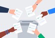 Different people voting. Hands are putting paper ballots to the election box. Democratic election. Vector flat illustration. 