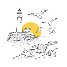 Hand Drawn Vector Sketch With Bottle, Gulls, Sun And Lighthouse. Beach With Seashells And Sea Star. Marine Romantic Background. Design On A Blue Background
