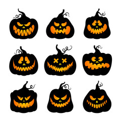 Wall Mural - Halloween pumpkins. Vector set. Jack lantern. Black silhouettes in cartoon style. The symbols of the autumn holiday. For the design of cards, party invitations. Isolated on a white background.