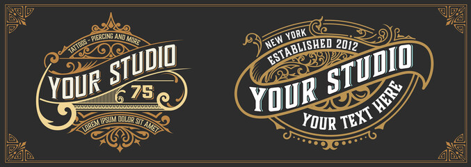 Tattoo logo template. Old lettering on dark background with floral ornaments.