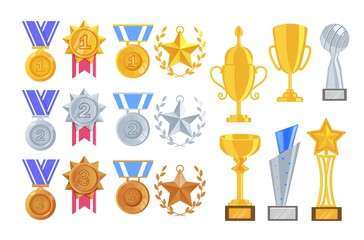 Wall Mural - sport award. trophy cup and goblet, star with wreath pendant and strap, hanging medal for first, sec