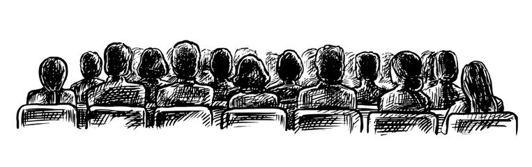 lecture hall sketch. vector people audience on seat watching performance, listening speech at lectur