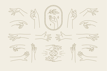 Wall Mural - female hands gestures collection of line art hand drawn style vector illustrations.