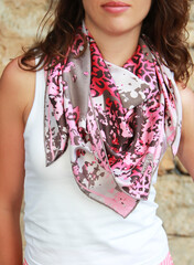 red mottled women's neckerchief stole with a patterns