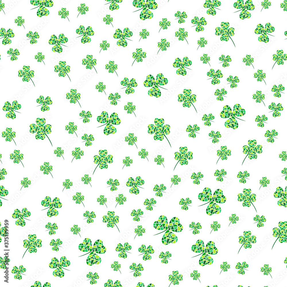 Seamless pattern with green mosaic clover leaves. Modern background with repeating elements for packaging, printing, fabric. Vector
