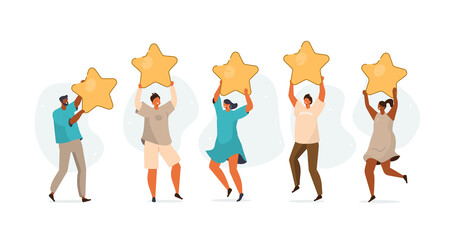 Wall Mural - people characters holding stars and giving five star feedback. clients choosing satisfaction rating 