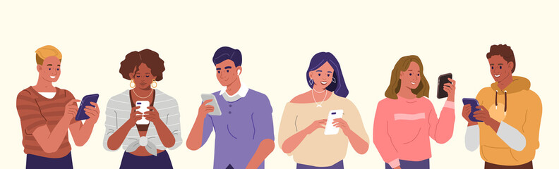 young people looking on smartphones and chatting. happy boys and girls talking and typing on phone. 