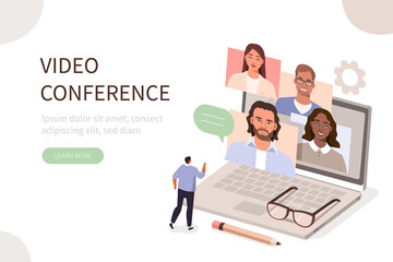 Poster - People Character working Remote at Home and using Laptop for Video Meeting with Colleagues. Online Discussion and Business Video Conference Concept. Flat Isometric Vector Illustration.
