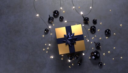 Poster - Golden Christmas gift with black ribbon and baubles, and light garland. 3D render / rendering