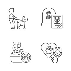 Poster - Pet treatment services linear icons set. Dog walking, animal washing, vet examination and funeral service customizable thin line contour symbols. Isolated vector outline illustrations. Editable stroke