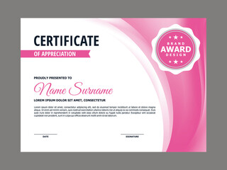 Abstract Smooth Unique Pink Certificate Design, Professional Modern Certificate with Blurry Pink Curvy Background Template Vector