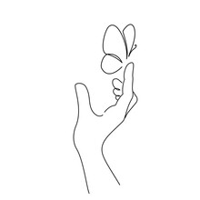 Hand With Butterfly On Finger. Line Art Drawing