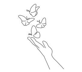 Wall Mural - hand with butterfly on finger. line art drawing
