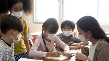 Wall Mural - Group of diverse students in school building discussing in group study class. Elementary pupils are wearing a face mask while brainstorming. Covid-19 school reopen concept.