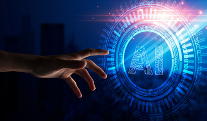 Poster - Hand touching hologram with AI lettering over night city background