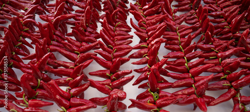 Fotografía Ezpeleta, red hot peppers drying on basque house wall