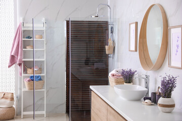 Wall Mural - Bathroom interior with shower stall, counter and shelving unit. Idea for design