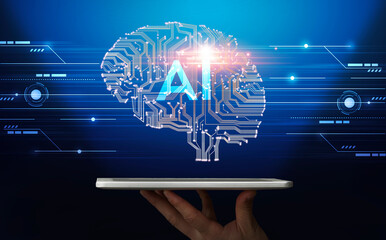 Poster - Hand holding digital tablet with human brain proection