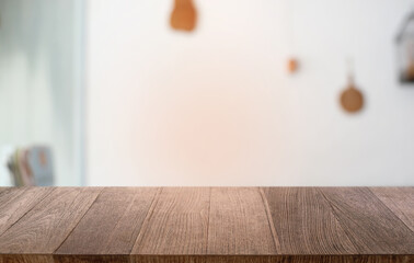 Empty dark wooden table in front of abstract blurred bokeh background of restaurant . can be used for display or montage your products.Mock up for space.