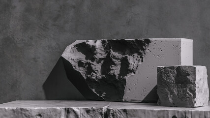 Aufkleber - Product setting podium rough stone slabs, marble counter concrete table and stone shelves, grunge texture blocks object placement, 3d rendering,