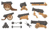Fototapeta Pokój dzieciecy - Medieval cannons with cannonballs flat illustration set. Cartoon metal and wooden weapon for old ships and firing battle isolated vector illustration collection. History, destruction and war concept