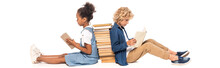 Panoramic Concept Of Multicultural Kids Sitting Near Books And Reading Isolated On White