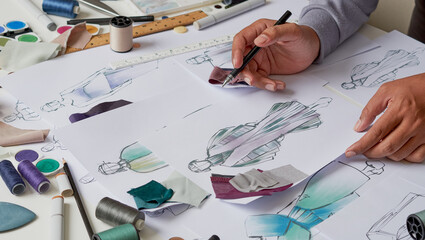 Wall Mural - Fashion designer stylish drawings sketches textile fabric material Costume. Designer creative workshop studio.