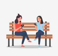 Girlfriends Are Sitting On The Bench With Smartphones. Vector Flat Cartoon Style Illustration