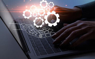Poster - Connected gears on cyborg hand over working person