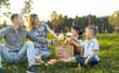 © Anna - Family with two children summer picnic in nature. Little boys hold yellow and green glasses with cold lemonade in their hands.Children drinking a refreshing drink from the straw. Selective focus.