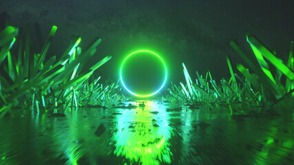 Wall Mural - asbractic flight, neon light ring shape, mysterious space landscape, forward flight through the corr