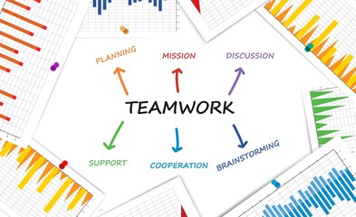 Poster - Teamwork Illustration With Words And Statistics Graphs Over White Background