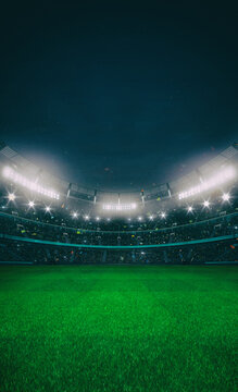 Wall Mural -  - Grand stadium full of spectators expecting an evening match on the grass field. High format for social network banners or posters. Sport building 3D professional background illustration.	
