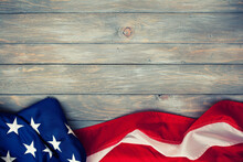 Patriotic: Horizontal USA Flag On Weathered Wood