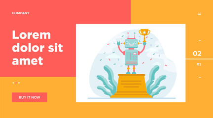 Wall Mural - robot winning golden cup. award, celebration, cyborg flat vector illustration. technology and contes