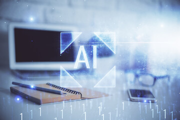 double exposure of desktop computer and technology theme hologram. concept of software development.