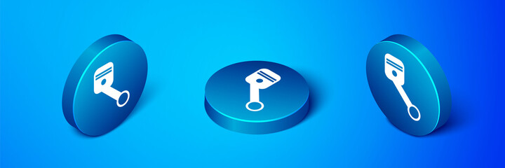 Poster - Isometric Engine piston icon isolated on blue background. Car engine piston sign. Blue circle button. Vector Illustration.