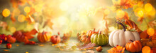 Festive Autumn Decor From Pumpkins, Berries And Leaves. Concept Of Thanksgiving Day Or Halloween With Copy Space
