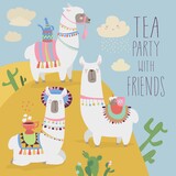 Fototapeta Dinusie - Cute friends mexican white alpaca llamas drinking tea