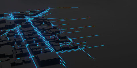 Dark black Techno mega city. urban and futuristic technology blue light line concepts , original, 3d rendering.for design web banner. Space For Text