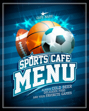 Sports Cafe Menu Card Cover Design With Football, Basketball And Rugby Balls
