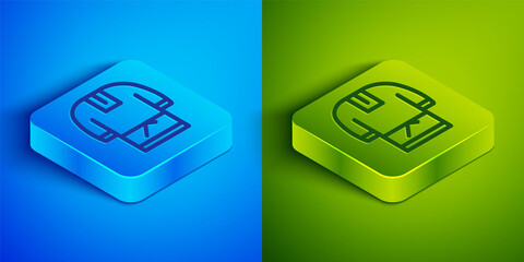 Sticker - Isometric line Kosovorotka is a traditional Russian shirt icon isolated on blue and green background. Traditional national clothes. Square button. Vector.