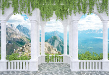 Wallpapers Arched Colonnade With A Balustrade Entwined With Ivy Overlooking The Mountains 3d Rendering.psd
