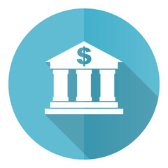 Poster - Bank vector icon, flat design blue round web button isolated on white background