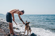 A beautiful pedigreed dog and a man are relaxing in nature on the sea coast. A German shepherd dog plays with its owner on the beach, he throws it a wooden stick.