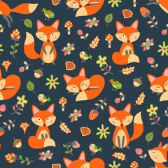 Wall Mural - Cute seamless pattern with foxes in the autumn forest. Vector illustration.